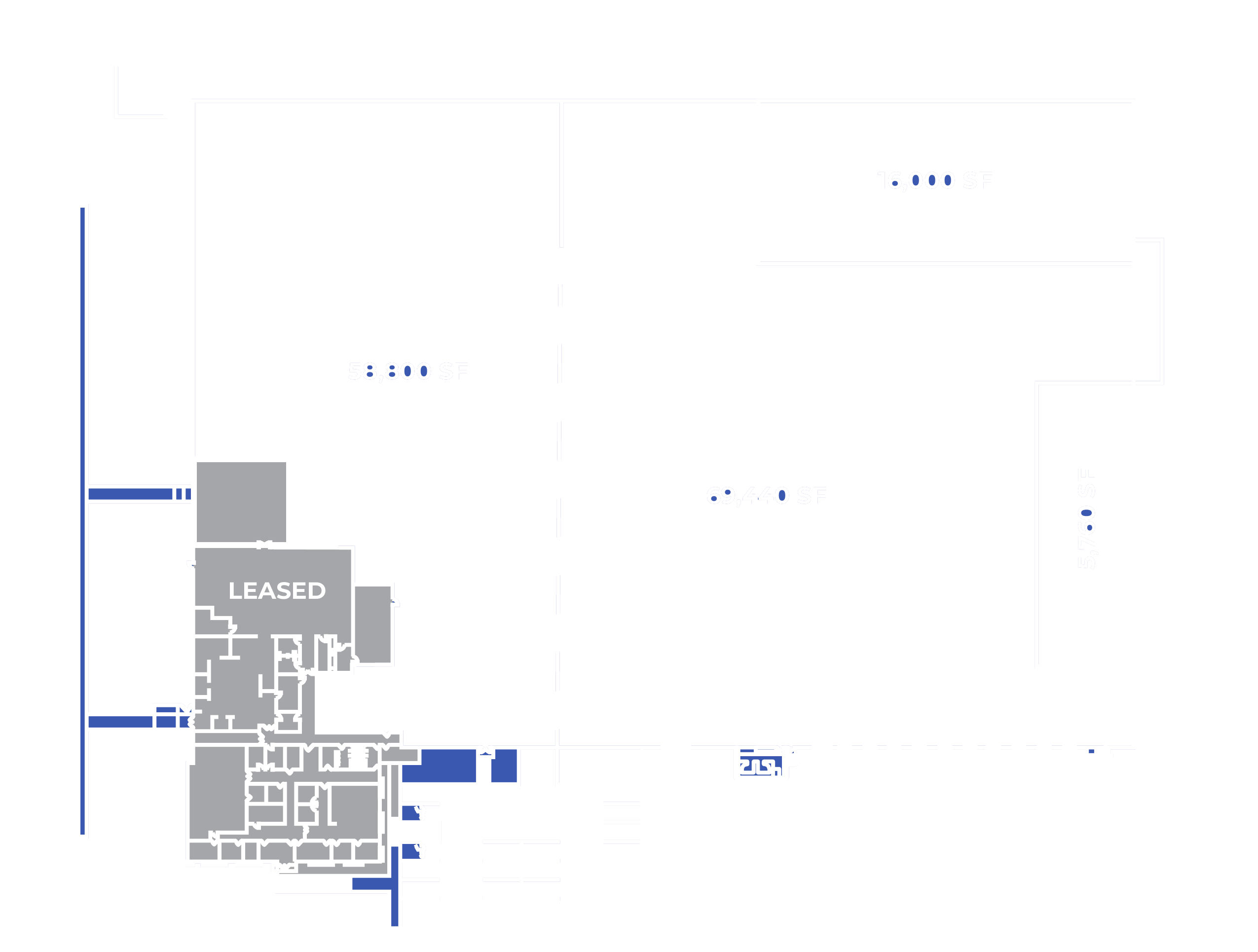 Floor plan for 3405 Board Road showing 58,800 SF, 69,440 SF, 16,000 SF, and 5,760 SF available blocks plus the leased office area